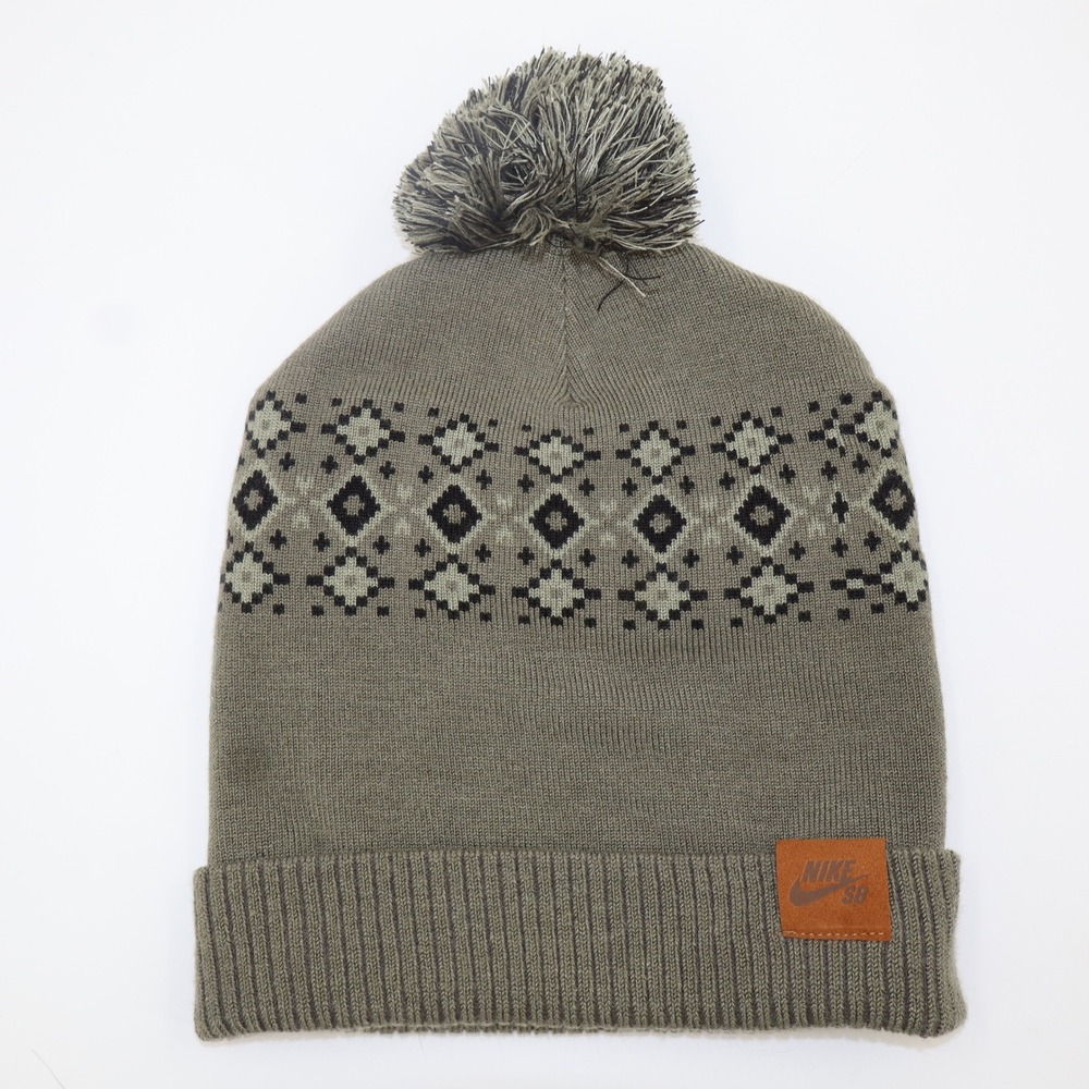 Nike SB Pom Beanie‎ Unisex OS Olive Green Fair Isle Geometric Knit CK1776-222